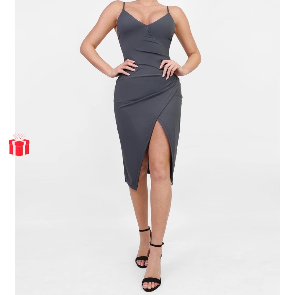 Popilush The Shapewear Dress Slip V-Neck Split Midi in light Gray